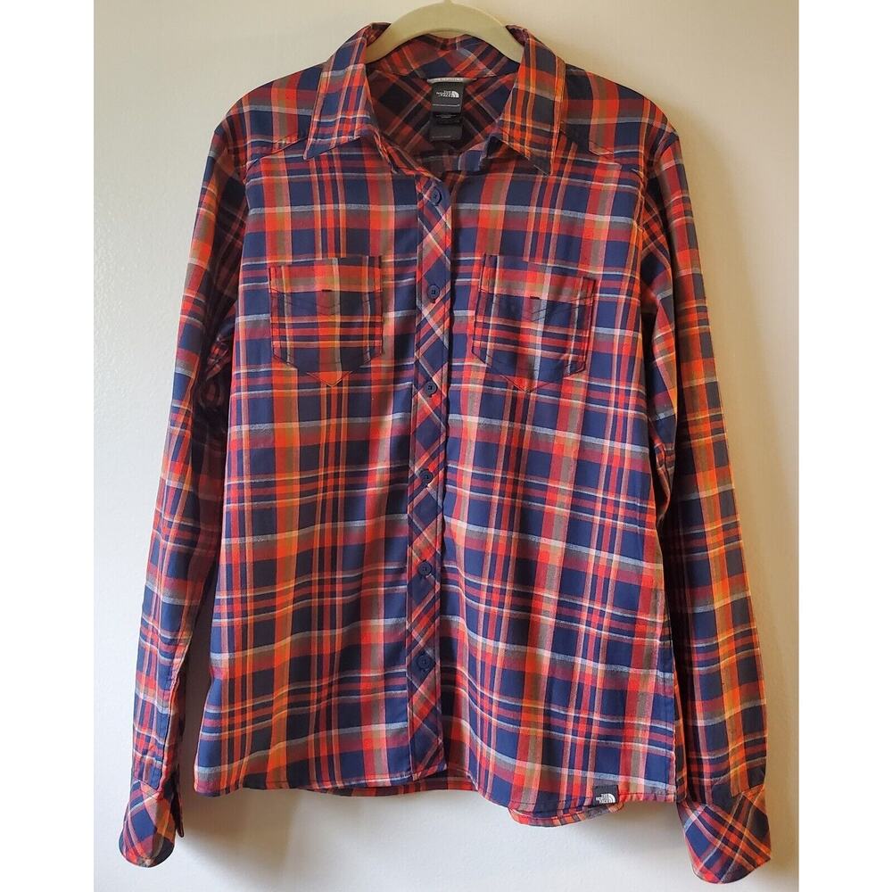 The North Face M Womens Plaid Flannel Long Sleeve Button Up Shirt Blue Orange